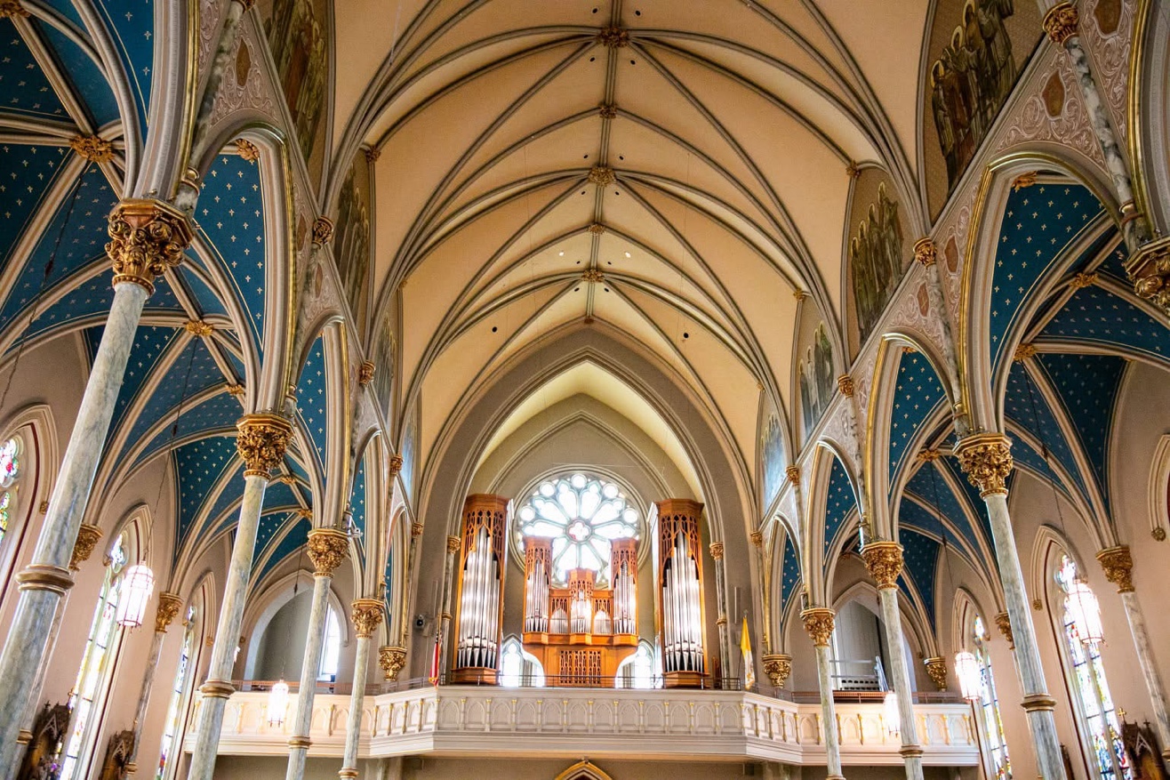 Gothic cathedral interior with vaulted ceiling